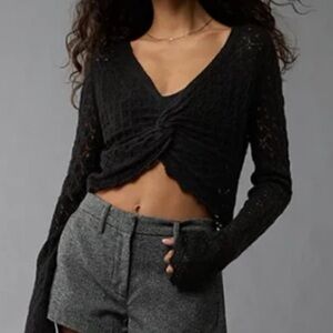 American Eagle Outfitters Pointelle Twist Front Black Knit Cropped Sweater Small